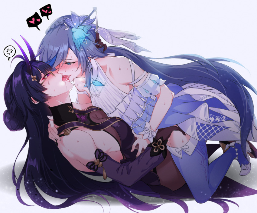 2girls anger_vein bare_shoulders bird_hair_ornament blue_eyes blue_hair blue_thighhighs blush collarbone detached_sleeves eye_contact french_kiss fu_hua fu_hua_(azure_empyrea) girl_on_top glasses hair_ornament heart honkai_(series) honkai_impact_3rd horns kiss long_hair looking_at_another multiple_girls negom purple_hair raiden_mei raiden_mei_(herrscher_of_thunder) red_eyes spoken_anger_vein spoken_heart sweat thighhighs tongue tongue_out very_long_hair yuri