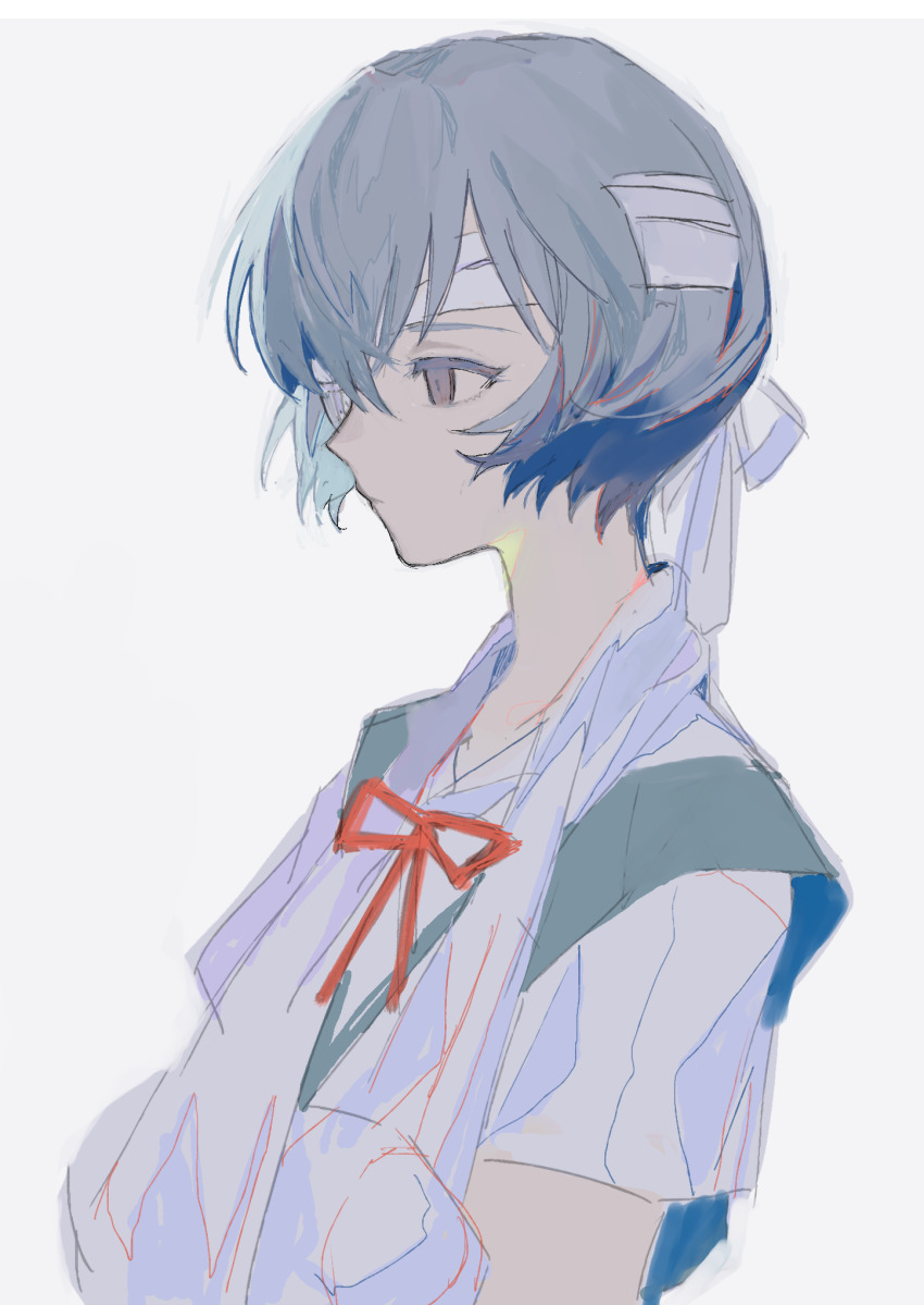 1girl arm_sling ayanami_rei bandage_over_one_eye bandaged_head bandages blue_dress blue_hair closed_mouth commentary_request dress expressionless grey_background highres neck_ribbon neon_genesis_evangelion nima_(nimamann) pinafore_dress profile purple_eyes red_ribbon ribbon school_uniform shirt short_hair short_sleeves simple_background sleeveless_dress solo upper_body white_shirt