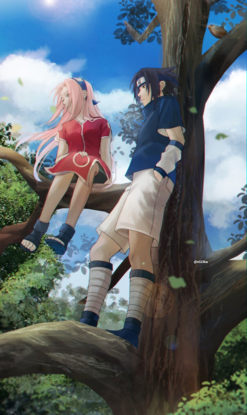 1boy 1girl absurdres bird black_eyes black_hair blue_shirt blue_sky closed_mouth cloud cloudy_sky full_body green_eyes green_shorts hands_in_pockets haruno_sakura highres in_tree konohagakure_symbol leaf looking_at_viewer naruto naruto_(series) nature niku_(ni23ku) ninja on_tree outdoors pink_hair red_shirt sandals shirt short_hair short_sleeves shorts sitting sitting_in_tree sky spiked_hair standing toeless_footwear tree uchiha_sasuke white_shorts wind