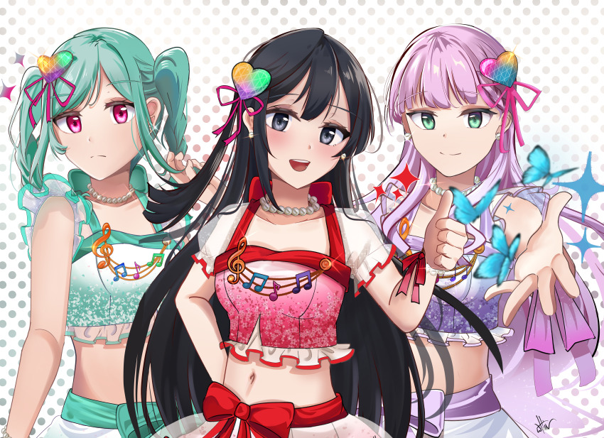 3girls absurdres bead_necklace beads black_hair bug butterfly closed_mouth commentary commission english_commentary frown green_eyes green_hair grey_eyes hair_ornament heart heart_hair_ornament highres in-franchise_crossover insect jewelry long_hair looking_at_viewer love_live! love_live!_nijigasaki_high_school_idol_club love_live!_superstar!! medium_hair multiple_girls navel necklace onitsuka_tomari open_mouth pixiv_commission purple_hair reaching reaching_towards_viewer red_eyes sidelocks signature smile standing stomach thumbs_up twintails upper_body whin wien_margarete yuki_setsuna