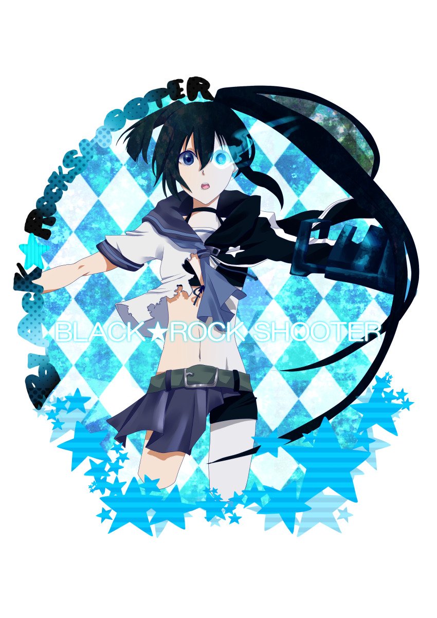 1girl absurdres arm_cannon belt black_hair black_rock_shooter black_rock_shooter_(character) black_shorts blue_eyes blue_fire blue_skirt fire flaming_eye highres kuroi_mato long_hair pale_skin rock_cannon school_uniform serafuku shorts skirt star_(symbol) suzuya_(appon65122) transformation twintails uneven_twintails weapon