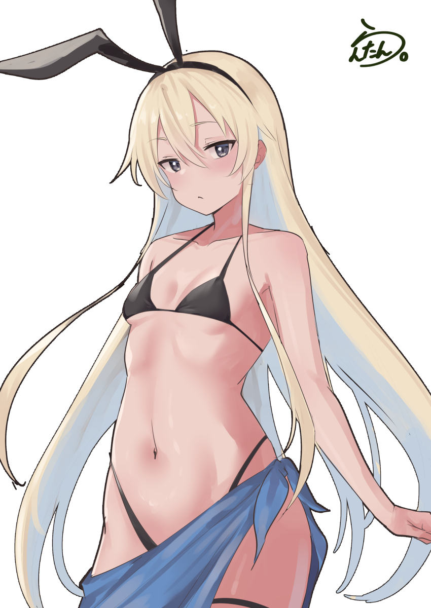 1girl absurdres alternate_costume animal_ears artist_logo bikini black_bikini black_hairband blonde_hair blue_sarong breasts fake_animal_ears grey_eyes hairband highleg highleg_bikini highres kantai_collection lanthan logo long_hair looking_at_viewer one-hour_drawing_challenge rabbit_ears sarong shimakaze_(kancolle) simple_background small_breasts solo swimsuit white_background