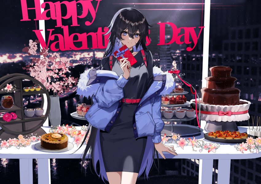 1girl belt black_dress black_hair blue_eyes blue_hair blurry blurry_background bowl brown_coat chocolate_fountain closed_mouth coat colored_inner_hair dress earrings english_text flower fur-trimmed_coat fur_trim gift happy_valentine highres holding holding_gift jewelry kamitsubaki_studio koko_(kamitsubaki_studio) koko_virtual long_hair long_sleeves looking_at_viewer medium_dress mole mole_under_eye mousse_(food) multicolored_hair night off_shoulder open_clothes open_coat pencil_dress red_belt smile solo standing tiered_tray very_long_hair virtual_youtuber