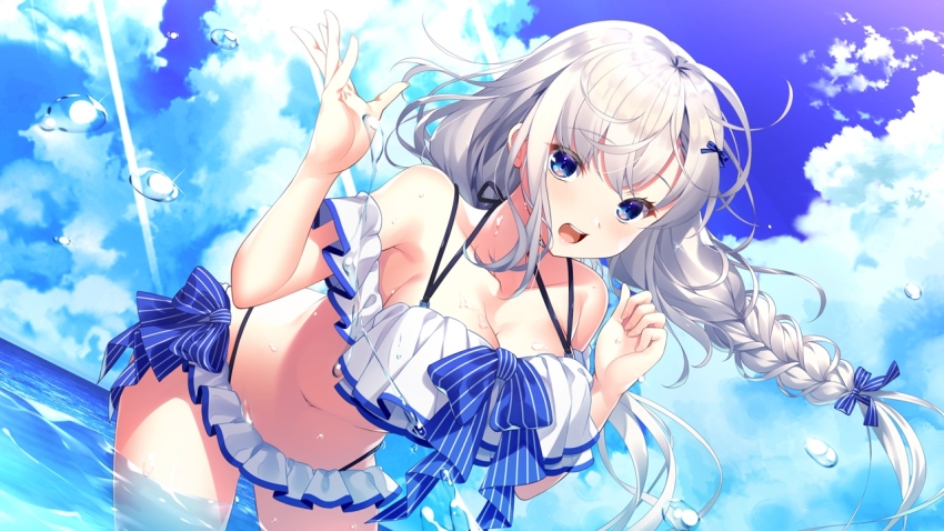 1girl armpit_crease armpits bare_arms bare_shoulders bikini blue_bikini blue_eyes blue_skirt blush breasts dot_nose eyebrows eyelashes game_cg hair_between_eyes hand_up large_breasts legs long_hair looking_at_viewer navel official_art open_mouth re:d_cherish re:d_cherish!_-eternity_blood- sidelocks skirt solo standing stomach swimsuit teeth thighs tongue unica_la-speranza upper_teeth_only water white_bikini white_hair white_skirt