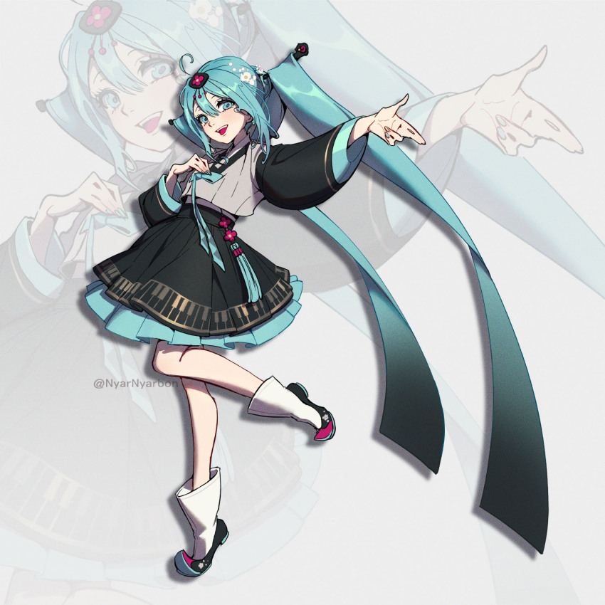 1girl aqua_eyes aqua_hair aqua_nails arm_up biahnyang black_hair boots flower gradient_hair hair_flower hair_ornament hair_stick hatsune_miku highres korea korean_clothes leg_up long_hair long_sleeves multicolored_hair open_mouth pleated_skirt skirt smile solo twintails twitter_username very_long_hair vocaloid white_flower wide_shot worldwide_miku zoom_layer