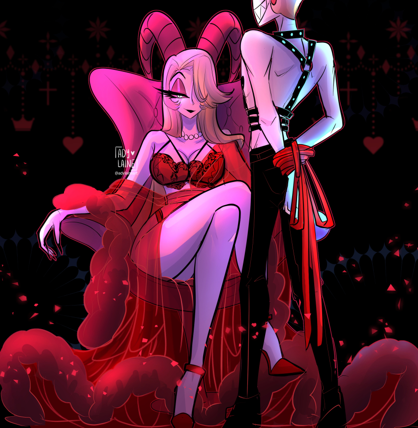 1boy 1girl absurdres adylaineart couple demon_boy demon_girl demon_horns hazbin_hotel highres horns husband_and_wife lilith_(hazbin_hotel) long_hair lucifer_morningstar_(hazbin_hotel) see-through_robe strap very_long_hair