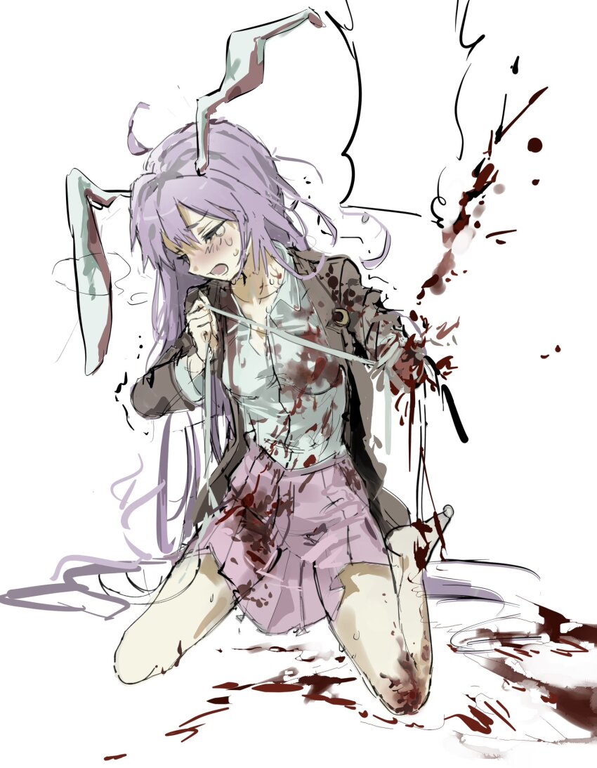 1girl animal_ears blazer blood blood_on_clothes blood_on_ground blood_on_leg blood_splatter blood_stain blush breasts closed_eyes crescent crescent_pin crying dismemberment guro highres injury jacket long_hair long_sleeves medium_breasts open_mouth pain pink_skirt purple_hair rabbit_ears rabbit_girl reisen_udongein_inaba sesmkun shirt sketch skirt solo tears touhou tourniquet trembling