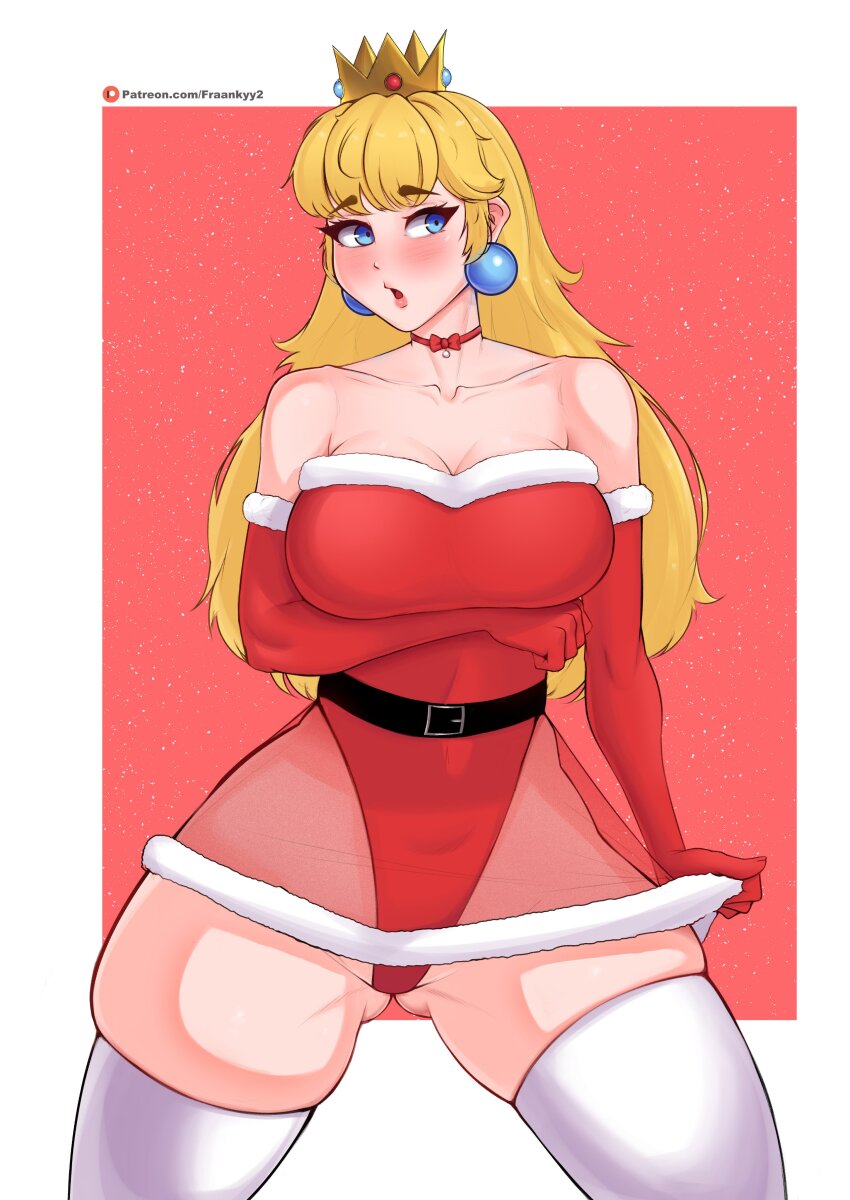 1girl absurdres arm_under_breasts blonde_hair breasts choker christmas cleavage crown earrings fraankyy gluteal_fold highres jewelry large_breasts long_hair mario_(series) nintendo open_mouth outside_border princess_peach shy snow solo super_mario_bros._1 thick_thighs thighhighs thighs wide_hips