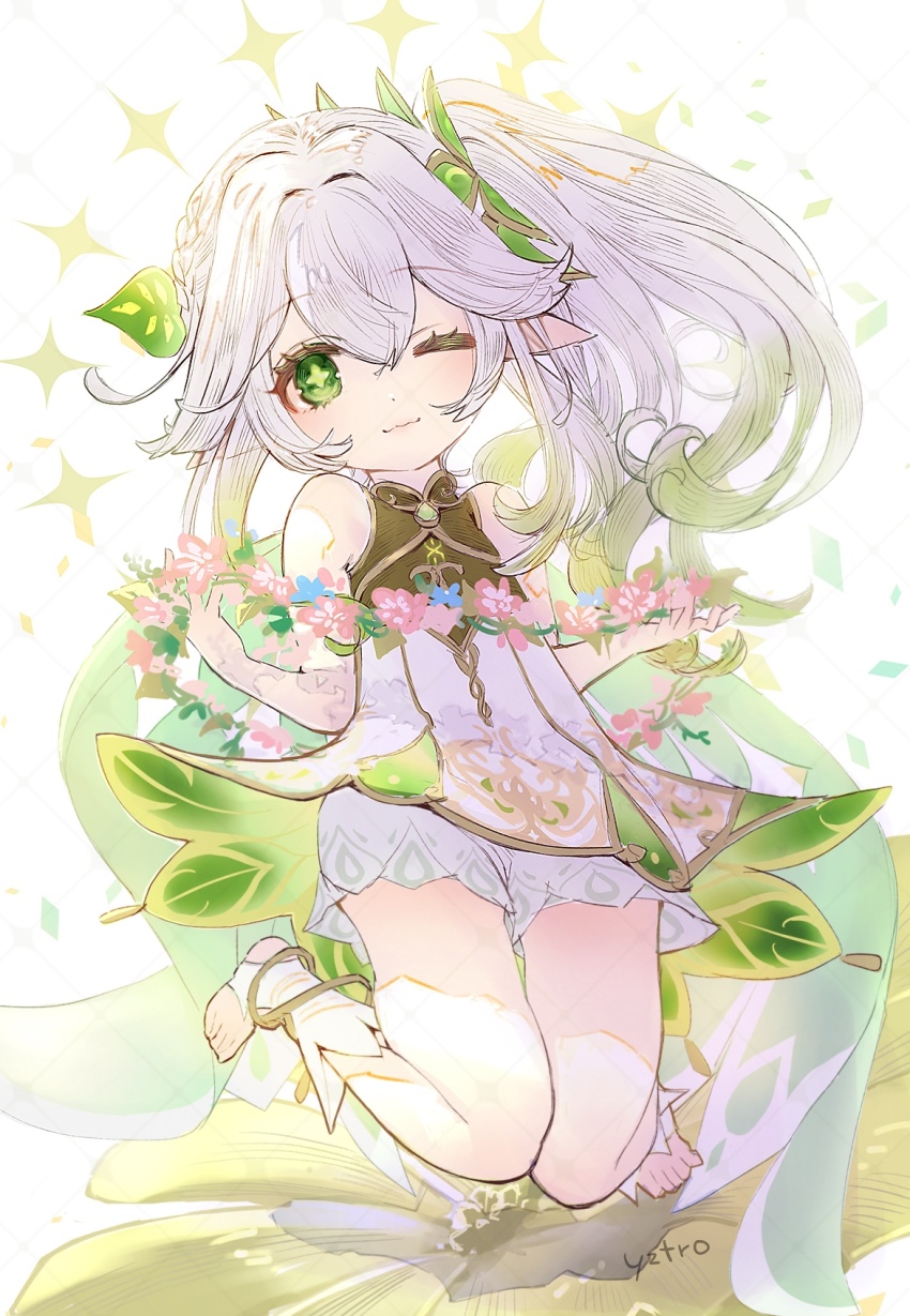 1girl artist_name bare_shoulders bloomers blue_flower bracelet closed_mouth commentary detached_sleeves dress english_commentary flower full_body genshin_impact gold_trim gradient_hair green_eyes green_hair green_sleeves hair_between_eyes hair_ornament highres holding jewelry leaf_hair_ornament long_hair looking_at_viewer multicolored_hair nahida_(genshin_impact) one_eye_closed pink_flower pointy_ears side_ponytail sleeveless sleeveless_dress solo star-shaped_pupils star_(symbol) stirrup_legwear symbol-shaped_pupils toeless_legwear toes toro_astro underwear white_bloomers white_dress white_hair