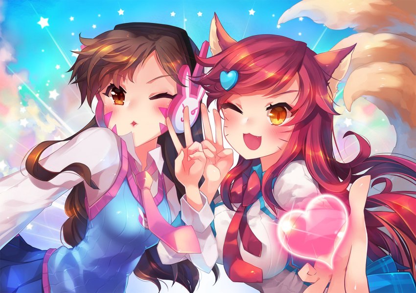 &gt;:3 &gt;;d 2girls :3 ;d adapted_costume ahri_(league_of_legends) animal_ears blue_skirt blue_sky blue_vest breasts brown_eyes brown_hair cloud cloudy_sky collared_shirt crossover d.va_(overwatch) day facial_mark fang fox_ears fox_tail hair_ornament hamifr headphones heart heart_hair_ornament jewelry large_breasts league_of_legends long_sleeves medium_breasts multiple_girls multiple_tails necklace necktie one_eye_closed open_mouth outdoors overwatch overwatch_1 pink_necktie pleated_skirt reaching reaching_towards_viewer red_necktie school_uniform shirt skirt sky small_breasts smile star_(symbol) sweater_vest swept_bangs tail v v-shaped_eyebrows vest whisker_markings white_shirt yellow_eyes