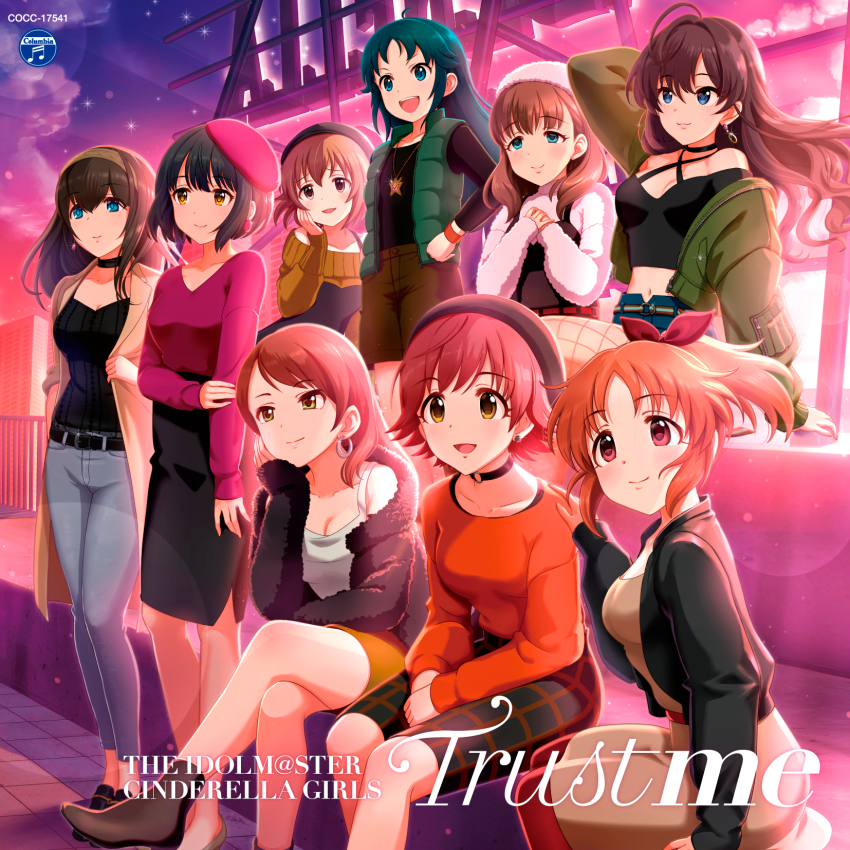 6+girls abe_nana album_cover belt blue_eyes boots breasts brown_hair cleavage cloud cover crossed_legs denim earrings english_text fishnets fur_trim hairband hat hojo_karen honda_mio ichinose_shiki idolmaster idolmaster_cinderella_girls idolmaster_cinderella_girls_starlight_stage jewelry kita_hinako multiple_girls nanjo_hikaru necklace official_art orange_hair pants ponytail railing sagisawa_fumika sakuma_mayu sitting smile takafuji_kako