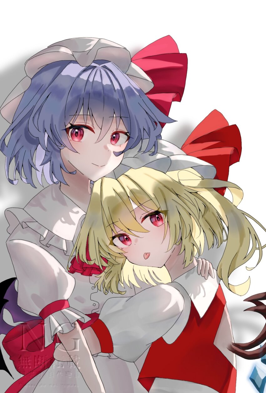 2girls :p ascot bat_wings blonde_hair blue_hair brooch crystal crystal_wings flandre_scarlet harumanju_14 hat hat_ribbon highres hug jewelry mob_cap multicolored_wings multiple_girls one_side_up puffy_short_sleeves puffy_sleeves red_ascot red_eyes red_vest remilia_scarlet ribbon short_hair short_sleeves siblings side_ponytail sisters skirt skirt_set smile tongue tongue_out touhou vest white_hat wings wrist_cuffs yellow_ascot