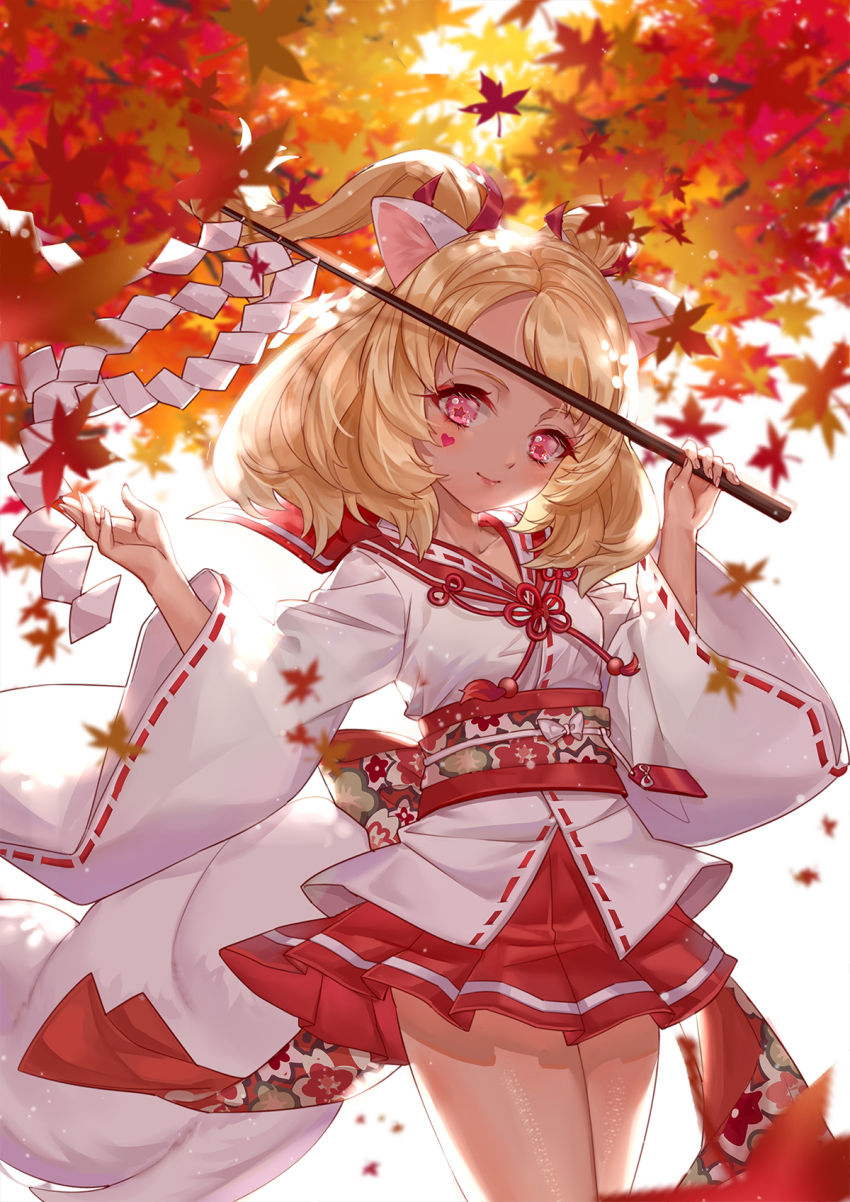 1girl animal_ears arms_up autumn autumn_leaves blade_&amp;_soul blonde_hair falling_leaves female_focus fox_ears fox_tail gohei hakama hakama_short_skirt hakama_skirt highres japanese_clothes leaf long_hair lyn_(blade_&amp;_soul) miko miniskirt obi outdoors pink_eyes ponytail red_skirt sash shirt skirt smile solo star-shaped_pupils star_(symbol) symbol-shaped_pupils tail tree tsuna2727 white_shirt wind