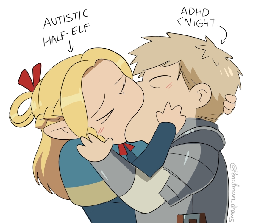 1boy 1girl armor blonde_hair blue_capelet braid brown_hair capelet commentary crown_braid dungeon_meshi english_commentary english_text hair_ribbon hair_rings hetero highres kiss laios_touden marcille_donato meme pencilman_draws pointy_ears ribbon twitter_username yoshi_and_toad_kissing_(meme)