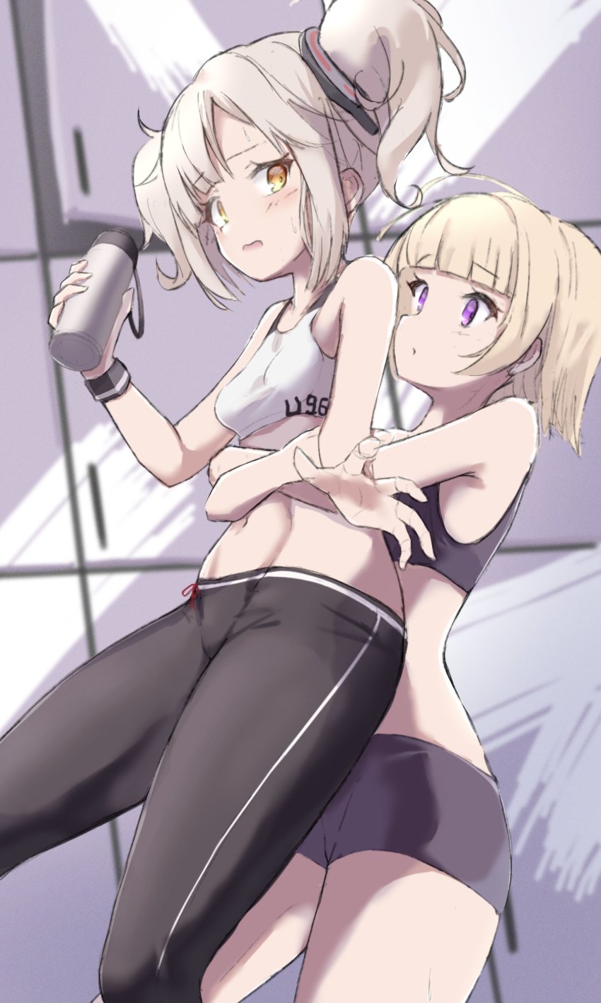 2girls absurdres azur_lane black_leggings black_shorts blonde_hair bottle breasts cien_(shikanokuni) grozny_(azur_lane) highres holding holding_bottle hug hug_from_behind leggings lifting_person locker locker_room medium_hair multiple_girls official_alternate_costume purple_eyes shorts sketch small_breasts sports_bra sweat twintails u-96_(azur_lane) u-96_(how_heavy_are_those_barbells?)_(azur_lane) yellow_eyes