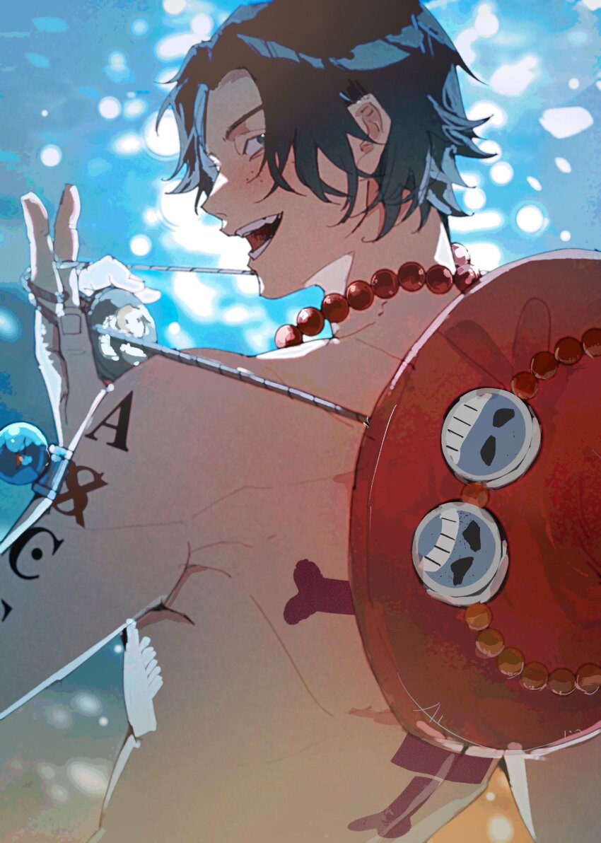 1boy arm_tattoo back_tattoo bare_shoulders black_eyes black_hair fingernails freckles hat highres jewelry looking_at_viewer looking_back male_focus muscular muscular_male necklace one_piece onecata11 open_mouth outdoors parted_bangs portgas_d._ace short_hair smile solo tattoo