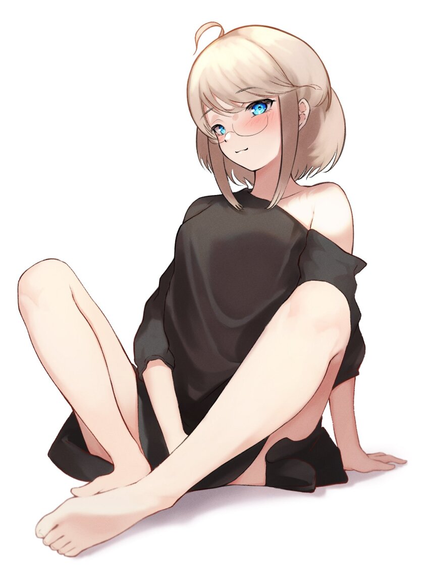 1girl ahoge barefoot black-framed_eyewear black_shirt blonde_hair blue_eyes breasts buket_pudding_i collarbone glasses highres no_pants off-shoulder_shirt off_shoulder original semi-rimless_eyewear shadow shirt sidelocks simple_background sitting solo white_background