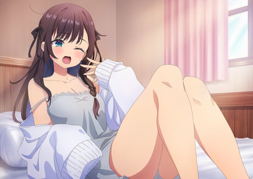 1girl alina_clover bare_shoulders bed bedroom black_hair black_ribbon braid breasts camisole cleavage collarbone green_eyes grey_camisole guild_no_uketsukejou_desu_ga_zangyou_wa_iya_nanode_boss_wo_solo_toubatsu_shiyou_to_omoimasu hair_ribbon jacket large_breasts light_blush long_hair non-web_source official_art on_bed one_eye_closed pillow ribbon single_sleeve_past_fingers single_sleeve_past_wrist solo thighs white_jacket yawning