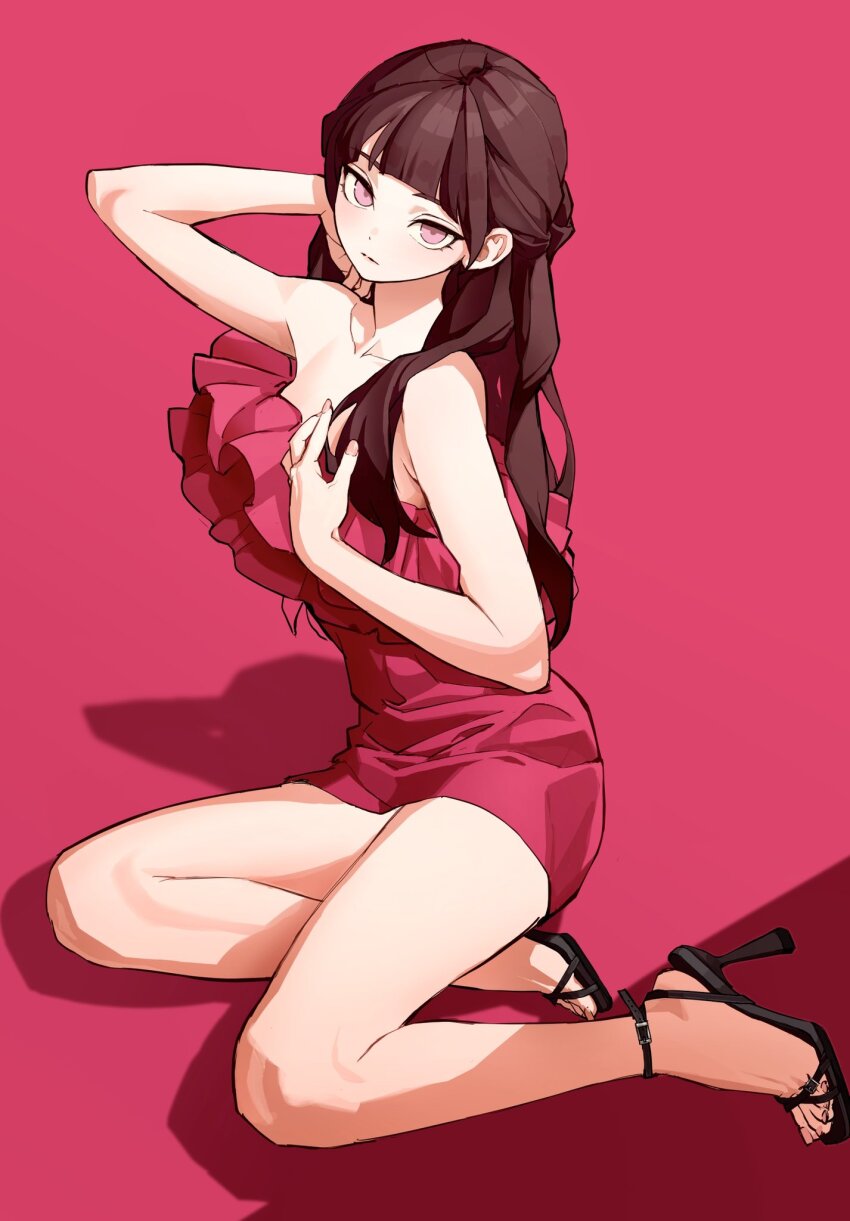 1girl bare_arms bare_legs bare_shoulders black_footwear blunt_bangs brown_hair closed_mouth collarbone dress expressionless fingernails full_body high_heels highres kimura_731 long_hair looking_at_viewer nail_polish original pink_background pink_dress pink_eyes pink_nails pink_theme shadow sidelocks sitting sleeveless sleeveless_dress solo toenails toes