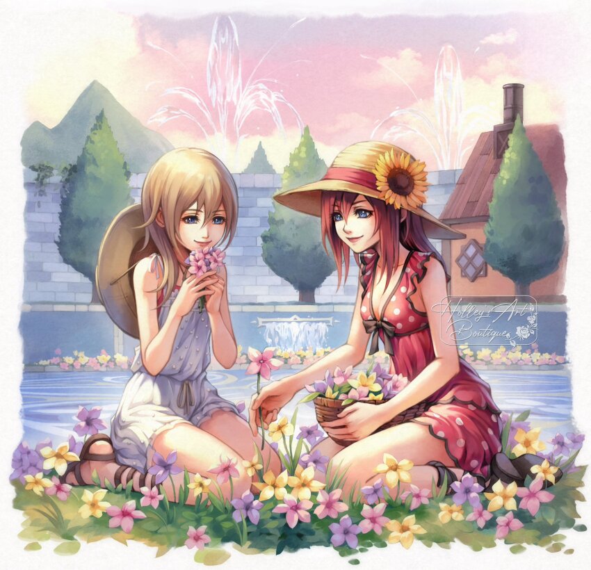 2girls alternate_costume bare_shoulders basket blonde_hair blue_eyes brown_footwear commentary dress english_commentary flower gladiator_sandals hat highres holding holding_basket holding_flower hollypolllyy kairi_(kingdom_hearts) kingdom_hearts kingdom_hearts_ii lips long_hair multiple_girls namine outdoors pink_flower pink_lips purple_flower red_dress red_hair sandals sitting sleeveless sleeveless_dress straw_hat sunflower white_dress yellow_flower