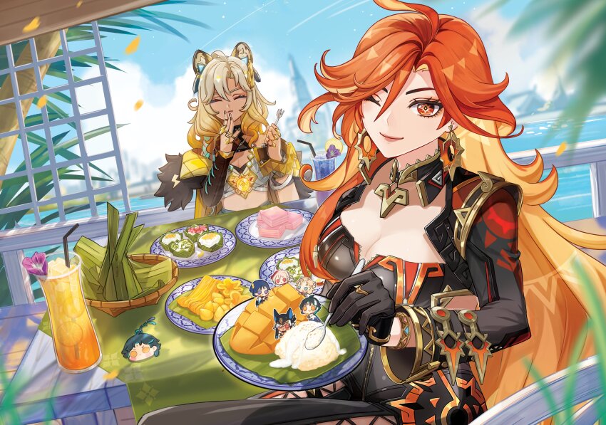 2girls 5boys absurdres ahoge albedo_(genshin_impact) animal_ear_fluff animal_ears biker_clothes bikesuit black_gloves blonde_hair blue_eyes bodysuit bracelet braid breasts cityscape cleavage closed_eyes closed_mouth cloud crop_top cyno_(genshin_impact) detached_sleeves drink earrings eating food food_on_face fork fur-trimmed_jacket fur_trim genshin_impact gloves hair_between_eyes highres jacket jaguar_ears jaguar_girl jewelry kaedehara_kazuha large_breasts lips long_hair looking_at_viewer mavuika_(genshin_impact) medallion midriff multicolored_hair multiple_boys multiple_girls multiple_rings one_eye_closed orange_eyes orange_hair palm_tree plate pun-rii purple_eyes railing red_eyes red_hair ring scaramouche_(genshin_impact) single_braid single_detached_sleeve sky smile spoon table tree tropical_drink vision_(genshin_impact) wanderer_(genshin_impact) water xiao_(genshin_impact) xilonen_(genshin_impact)