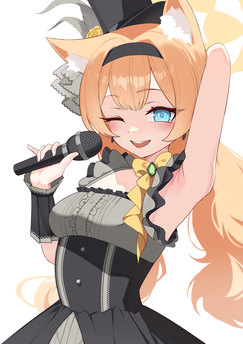 1girl absurdres animal_ear_fluff animal_ears arm_behind_head armpits black_dress black_hat black_headband blue_archive blue_eyes blush cat_ears cat_girl commentary_request dress earrings flower halo hat hat_flower headband highres holding holding_microphone idol idol_clothes jewelry kareya_(jixo95821699) long_hair looking_at_viewer low_twintails mari_(blue_archive) mari_(idol)_(blue_archive) microphone mini_hat mini_top_hat official_alternate_costume one_eye_closed open_mouth orange_hair simple_background sleeveless sleeveless_dress smile solo top_hat twintails white_background yellow_halo