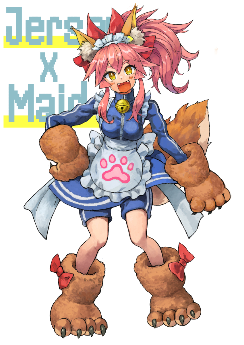 1girl animal_ear_fluff animal_ears animal_hands apron bell blue_jacket blue_track_suit blush blush_stickers breasts cat_paws collar fangs fate/grand_order fate_(series) fox_ears fox_girl fox_tail frilled_apron frills full_body gloves hair_ribbon highres jacket jersey_maid jingle_bell kusama_takato large_breasts long_hair looking_at_viewer maid maid_apron maid_headdress neck_bell open_mouth paw_gloves paw_shoes pink_hair ponytail ribbon simple_background solo tail tamamo_(fate) tamamo_cat_(fate) tenshi_kaiwai track_jacket turtleneck turtleneck_jacket unconventional_maid white_apron white_background yellow_eyes