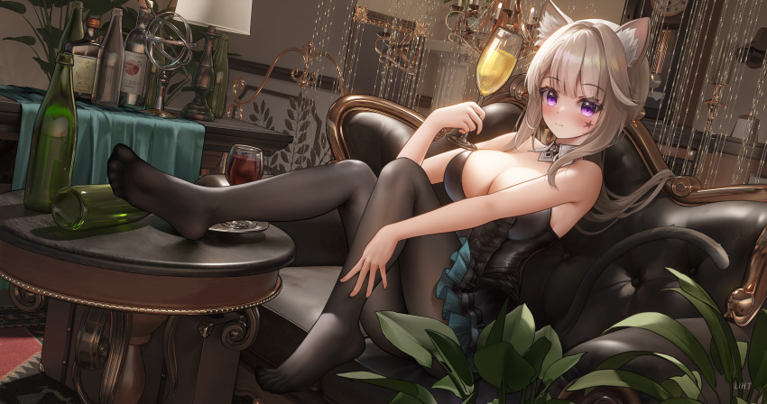 1girl absurdres alcohol alternate_breast_size alternate_costume animal_ear_fluff animal_ears bare_shoulders bead_curtain beer_bottle black_leotard black_pantyhose black_skirt blush bottle breasts cat_ears cat_girl cleavage clock collar couch cup drinking_glass facial_mark feet feet_on_table foot_focus genshin_impact grandfather_clock hand_up highres holding holding_cup indoors large_breasts leotard light_brown_hair light_smile liht looking_at_viewer lynette_(genshin_impact) no_shoes on_couch pantyhose plant presenting_foot purple_eyes short_hair_with_long_locks sitting skirt soles solo star_(symbol) strapless strapless_leotard table toes white_collar wine_bottle wine_glass