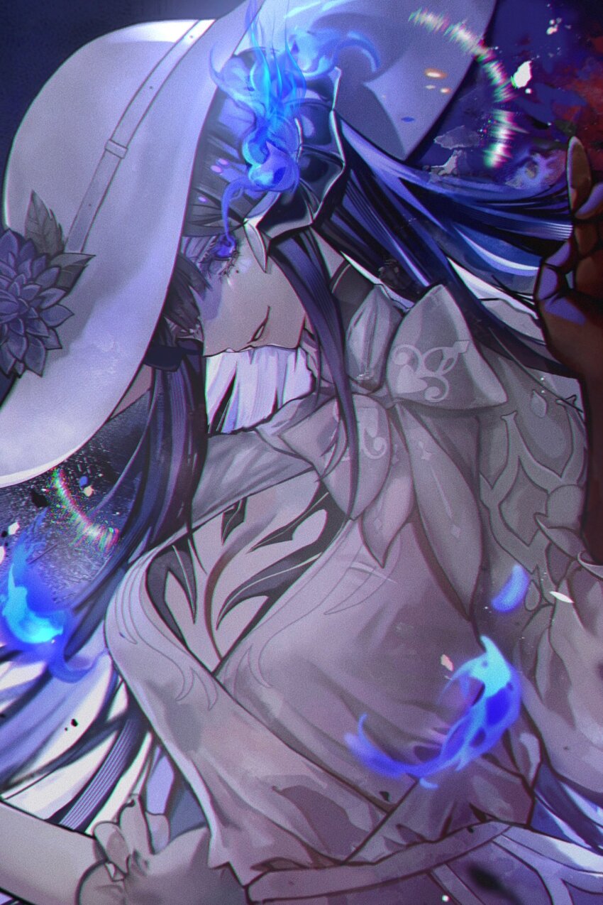 1girl asymmetrical_gloves black_gloves black_hair black_horns blue_fire bow breasts center_opening cleavage constance_(honkai:_star_rail) demon_horns diandao_qin dress dress_bow elbow_gloves fire flower gloves hair_between_eyes hat hat_flower highres honkai:_star_rail honkai_(series) horns long_hair long_sleeves looking_at_viewer mismatched_gloves mole mole_under_eye parted_lips puffy_long_sleeves puffy_sleeves purple_eyes purple_flower smile solo sun_hat upper_body white_bow white_dress white_gloves white_hat