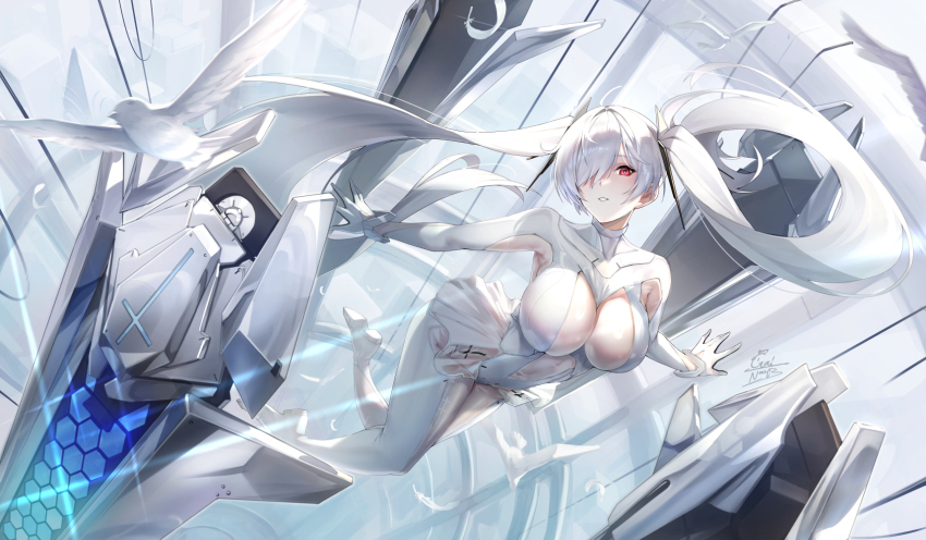 1girl bird bodysuit breasts bright_pupils cinderella_(nikke) cleavage_cutout clothing_cutout cross dove falling_feathers feathers floating_hair gainoob glint gloves goddess_of_victory:_nikke grin hair_ornament hair_over_one_eye highres inverted_cross large_breasts long_hair looking_at_viewer one_eye_covered outstretched_arms red_eyes see-through_bodysuit see-through_clothes shiny_clothes signature smile solo spread_arms twintails very_long_hair white_bodysuit white_gloves white_hair white_pupils