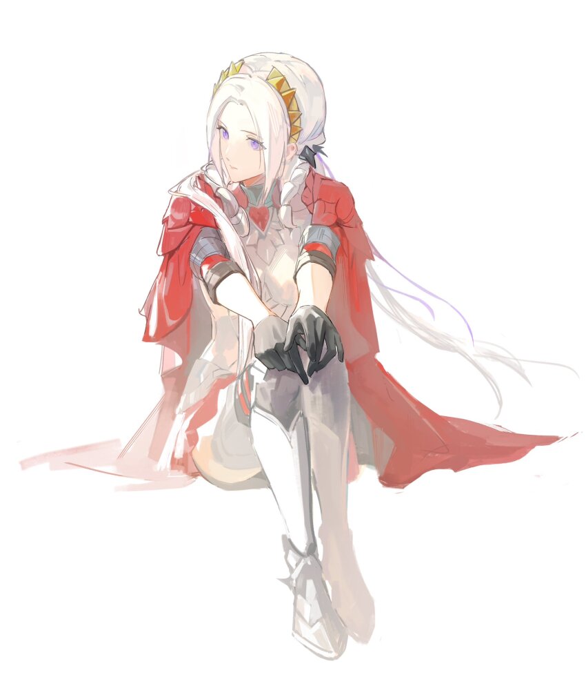 1girl armor artuvia black_gloves boots cape closed_mouth edelgard_von_hresvelg fire_emblem fire_emblem:_three_houses fire_emblem_warriors:_three_hopes full_body gloves hands_on_own_knees highres long_hair looking_to_the_side armored_boots nintendo official_alternate_costume official_alternate_hairstyle own_hands_together parted_bangs purple_eyes red_cape sitting solo thigh_boots white_background white_hair