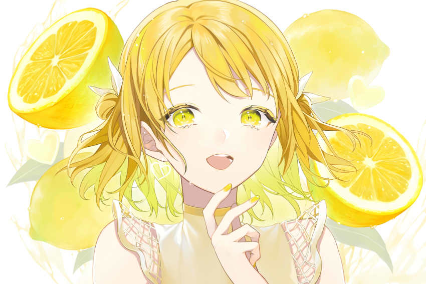 1girl absurdres blonde_hair food fruit hand_on_own_chin highres lemon looking_at_viewer open_mouth original portrait sogawa solo teeth upper_teeth_only wet yellow_eyes yellow_theme