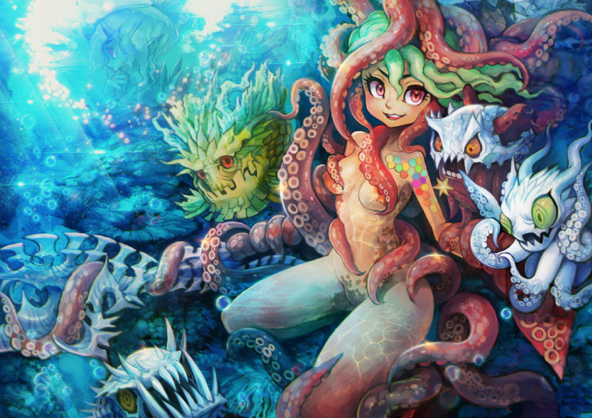 2girls :3 air_bubble breasts bubble cleavage colored_sclera colored_skin commentary_request consensual_tentacles coral cropped_legs deka-nabe eel familiar fangs fangs_out fish green_eyes green_hair green_sclera green_skin groin hand_to_own_mouth holding holding_staff holding_star horns long_hair looking_at_viewer magic medium_breasts monster_girl multicolored_skin multiple_girls no_nipples no_pussy open_mouth orange_eyes orange_sclera original red_eyes red_skin smile staff star_(symbol) suction_cups tentacle_girl tentacles underwater upper_body yellow_eyes yellow_sclera