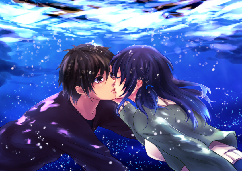 10s 1boy 1girl black_hair blue_hair booster517 brown_eyes couple closed_eyes hetero hiradaira_chisaki kihara_tsumugu kiss long_hair nagi_no_asukara short_hair underwater