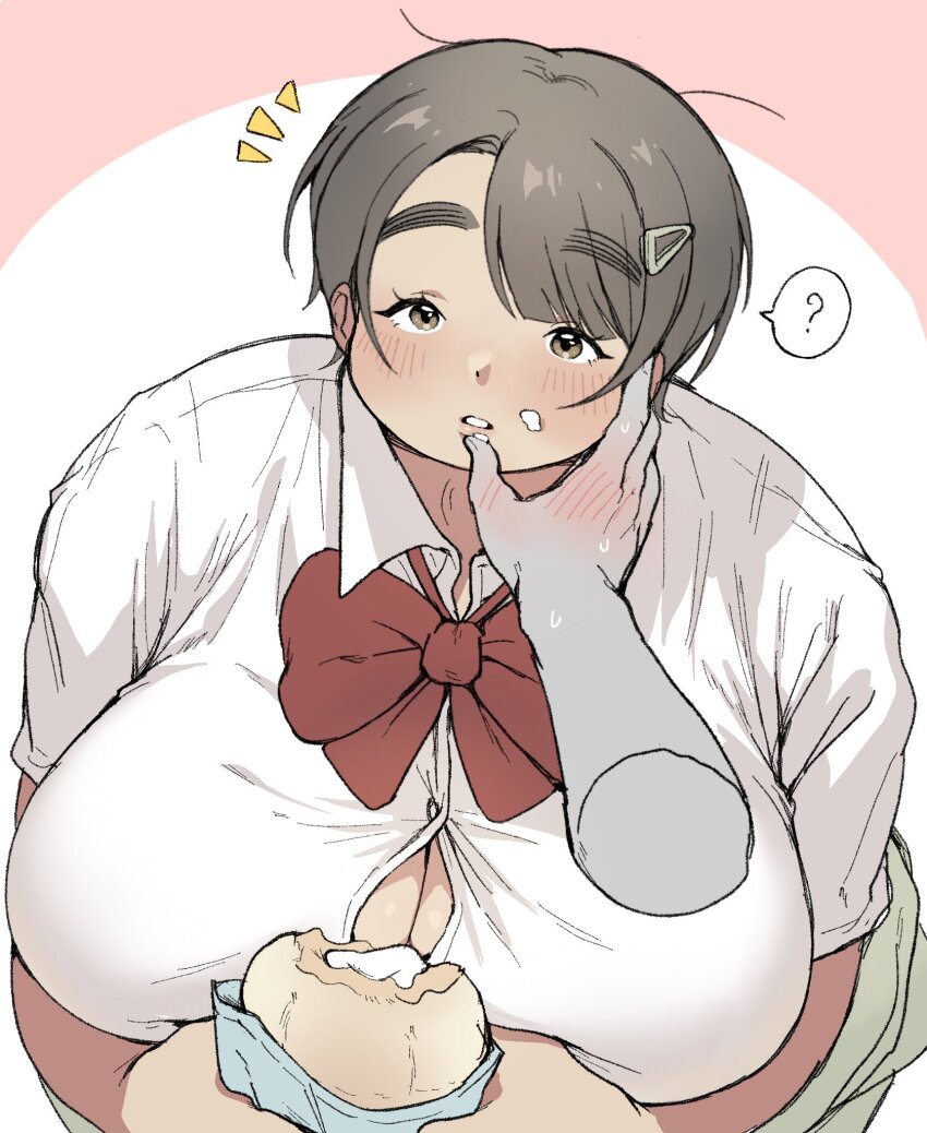 1girl blush bow bowtie breasts brown_eyes brown_hair collared_shirt cream cream_on_face dasan242 eating fat fat_woman food food_on_face hair_ornament hairclip highres huge_breasts large_breasts obese original red_bow red_bowtie school_uniform shirt short_hair simple_background tan thick_eyebrows white_background