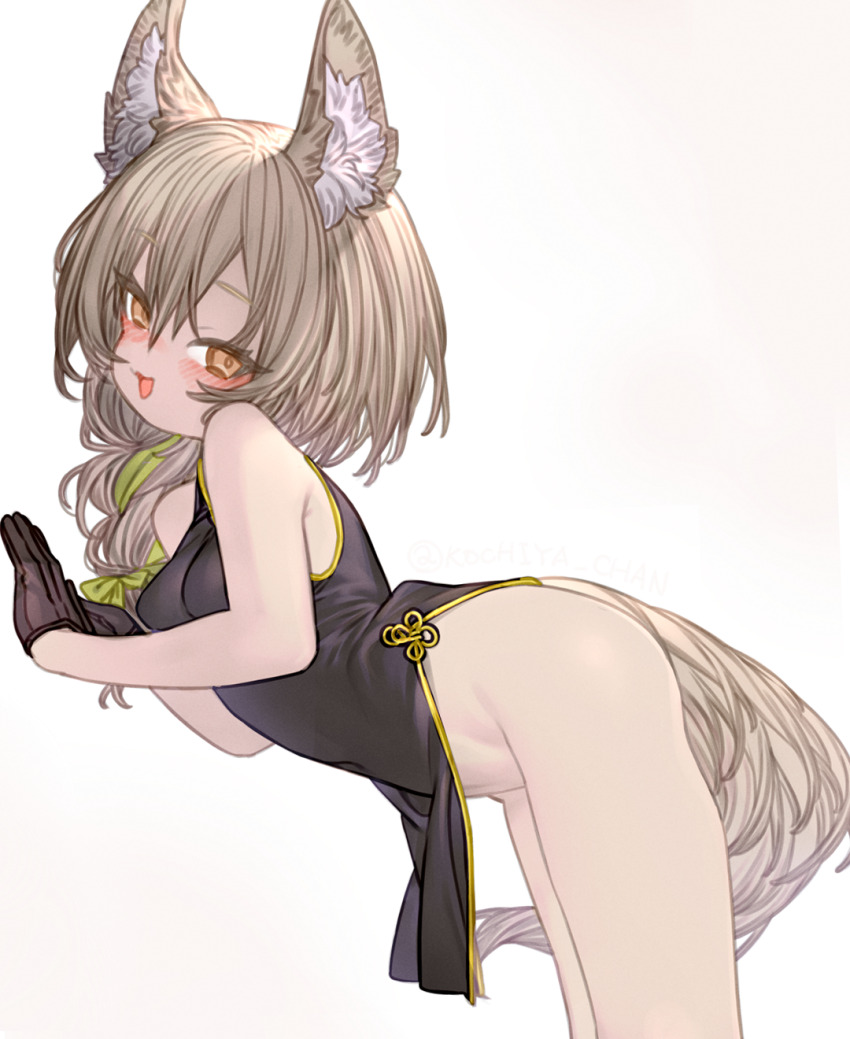 1girl :d animal_ear_fluff arknights beanstalk_(arknights) black_dress black_gloves bottomless braid breasts china_dress chinese_clothes dress gloves hair_over_shoulder hair_ribbon highres hyena_ears hyena_girl hyena_tail kochiya_(gothope) light_brown_hair long_hair looking_at_viewer open_mouth orange_eyes ribbon side_slit single_braid sleeveless sleeveless_dress smile