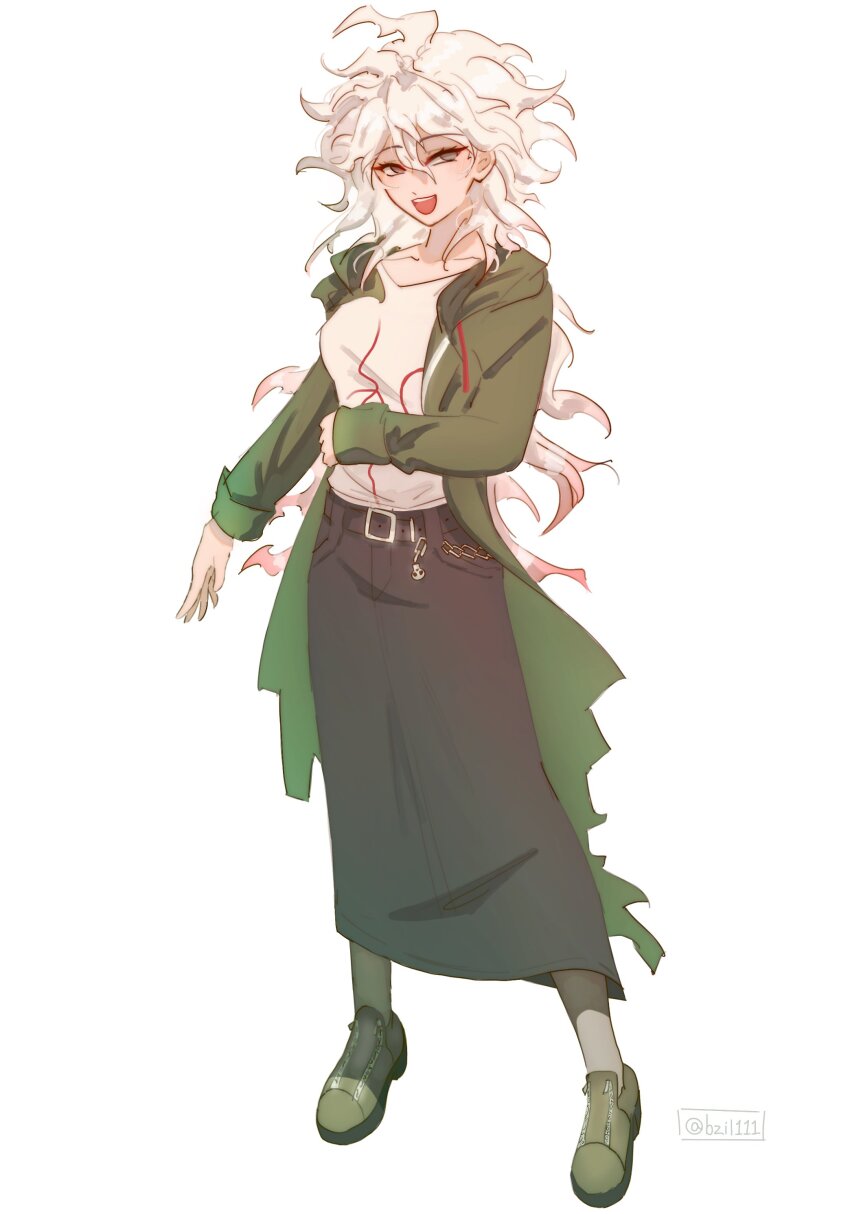 1girl :d absurdres artist_name belt black_belt black_skirt brown_footwear bzil danganronpa_(series) danganronpa_2:_goodbye_despair full_body genderswap genderswap_(mtf) green_jacket hair_between_eyes highres jacket komaeda_nagito long_hair long_skirt long_sleeves messy_hair open_clothes open_jacket open_mouth shirt shoes simple_background skirt smile solo torn_clothes torn_jacket white_background white_hair white_shirt