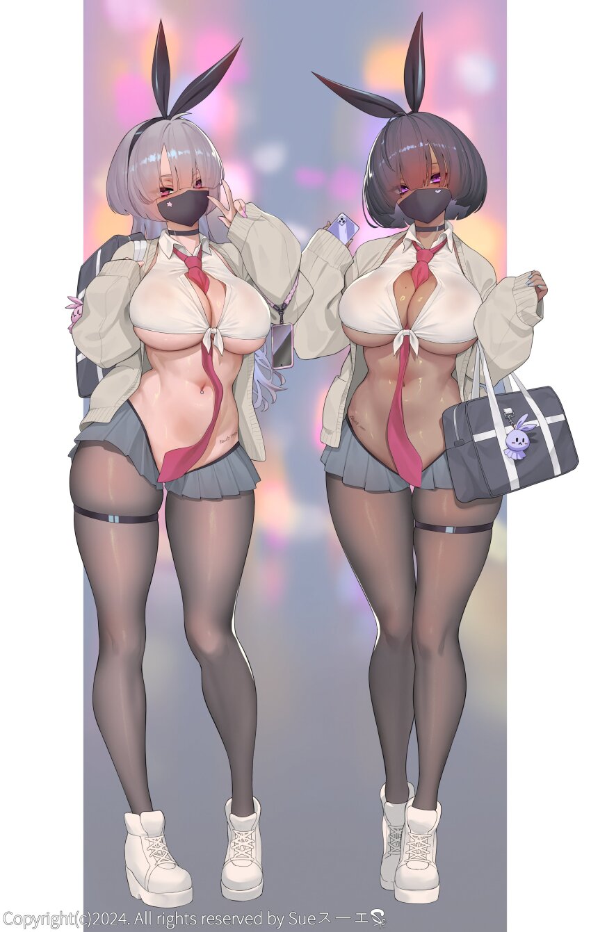 2girls absurdres ahoge bag bag_charm between_breasts black_choker black_hair black_mask blue_nails blurry blurry_background bob_cut breasts cardigan cellphone charm_(object) choker cleavage dark-skinned_female dark_skin elbow_carry grey_hair grey_skirt gyaru hair_between_eyes high_tops highres hip_tattoo holding holding_bag holding_phone kogal large_breasts legs long_hair long_sleeves looking_at_viewer mask miniskirt mole mole_on_breast mouth_mask multiple_girls nail_polish navel navel_piercing necktie necktie_between_breasts original pantyhose phone piercing pillarboxed pink_eyes pink_nails pleated_skirt purple_eyes red_necktie shirt shoes short_hair skirt sleeves_past_wrists smartphone sneakers stomach suerte text_tattoo thigh_gap thigh_strap thighs tied_shirt underboob v white_cardigan white_footwear white_shirt