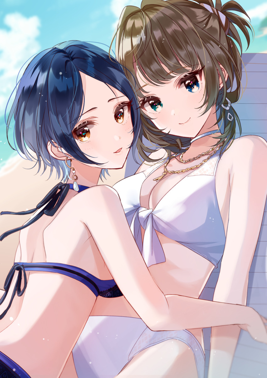 2girls :d alternate_hairstyle bare_arms bare_back bare_shoulders beach bikini blue_bikini blue_eyes blue_sky breasts brown_hair choker cleavage cloud collarbone day earrings front-tie_bikini_top front-tie_top green_eyes hayami_kanade heterochromia highres idolmaster idolmaster_cinderella_girls jewelry lace_bikini layered_bikini looking_at_viewer looking_back medium_breasts misumi_(macaroni) mole mole_under_eye multiple_girls necklace open_mouth parted_bangs sand short_hair sidelocks sky smile swimsuit takagaki_kaede white_bikini yellow_eyes