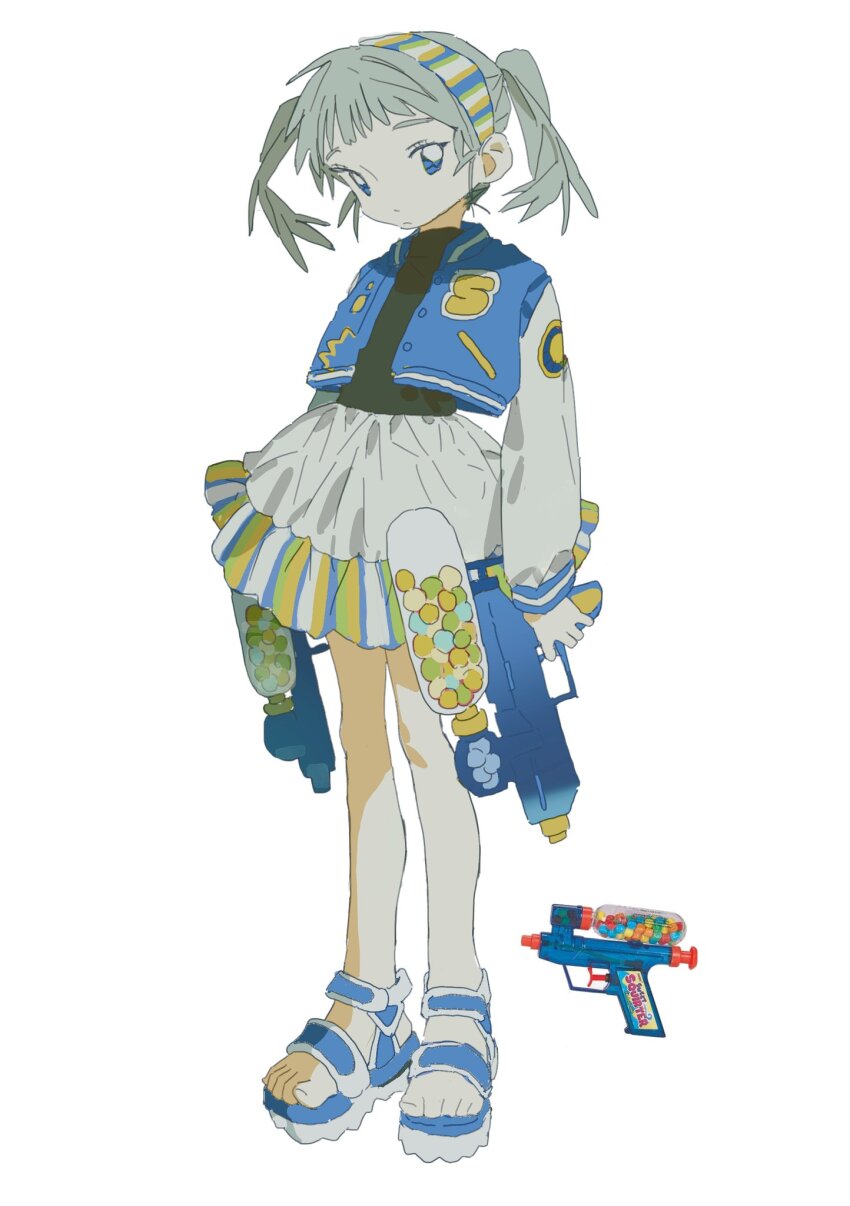 1girl arms_at_sides bare_legs black_shirt blue_eyes blue_footwear blue_jacket blunt_bangs choppy_bangs closed_mouth dual_wielding expressionless flat_chest full_body grey_hair gun high-waist_skirt highres holding holding_gun holding_weapon jacket letterman_jacket long_sleeves looking_at_viewer medium_hair open_clothes open_jacket original pale_skin platform_footwear reference_inset ritoon_0 sandals shirt simple_background skirt solo standing toy_gun twintails two-tone_footwear weapon white_background white_footwear white_sleeves