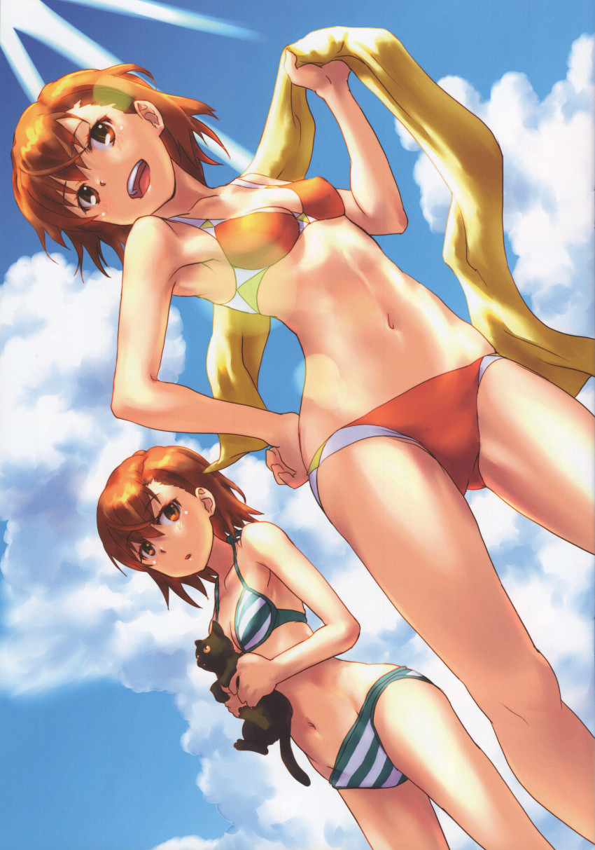 2girls absurdres animal armpits bikini black_cat blue_sky blush breasts brown_eyes brown_hair cat cleavage cloud day dutch_angle eyebrows gluteal_fold groin hand_on_own_hip highres holding holding_animal holding_cat huge_filesize legs_apart lens_flare looking_at_another looking_to_the_side misaka_imouto misaka_imouto_10032 misaka_imouto_10032&#039;s_cat misaka_mikoto multiple_girls navel open_mouth outdoors raika9 red_bikini scan short_hair siblings sisters sky small_breasts smile standing stomach string_bikini striped_bikini striped_clothes summer sun swimsuit thighs toaru_kagaku_no_railgun toaru_majutsu_no_index