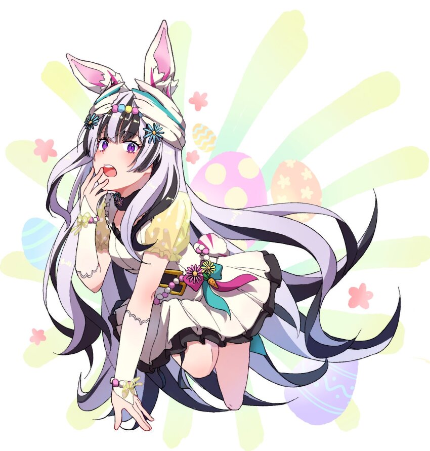 1girl :o animal_ears artist_collaboration black_hair breasts dress easter_egg egg fake_animal_ears fire_emblem fire_emblem_engage fire_emblem_heroes flower grey_hair hair_flower hair_ornament highres kashiwa_e3 long_hair looking_at_viewer multicolored_hair nintendo official_alternate_costume open_mouth puffy_short_sleeves puffy_sleeves rabbit_ears schwarzlover short_sleeves small_breasts solo teeth two-tone_hair upper_teeth_only very_long_hair veyle_(fire_emblem) veyle_(spring)_(fire_emblem) white_dress wing_hair_ornament