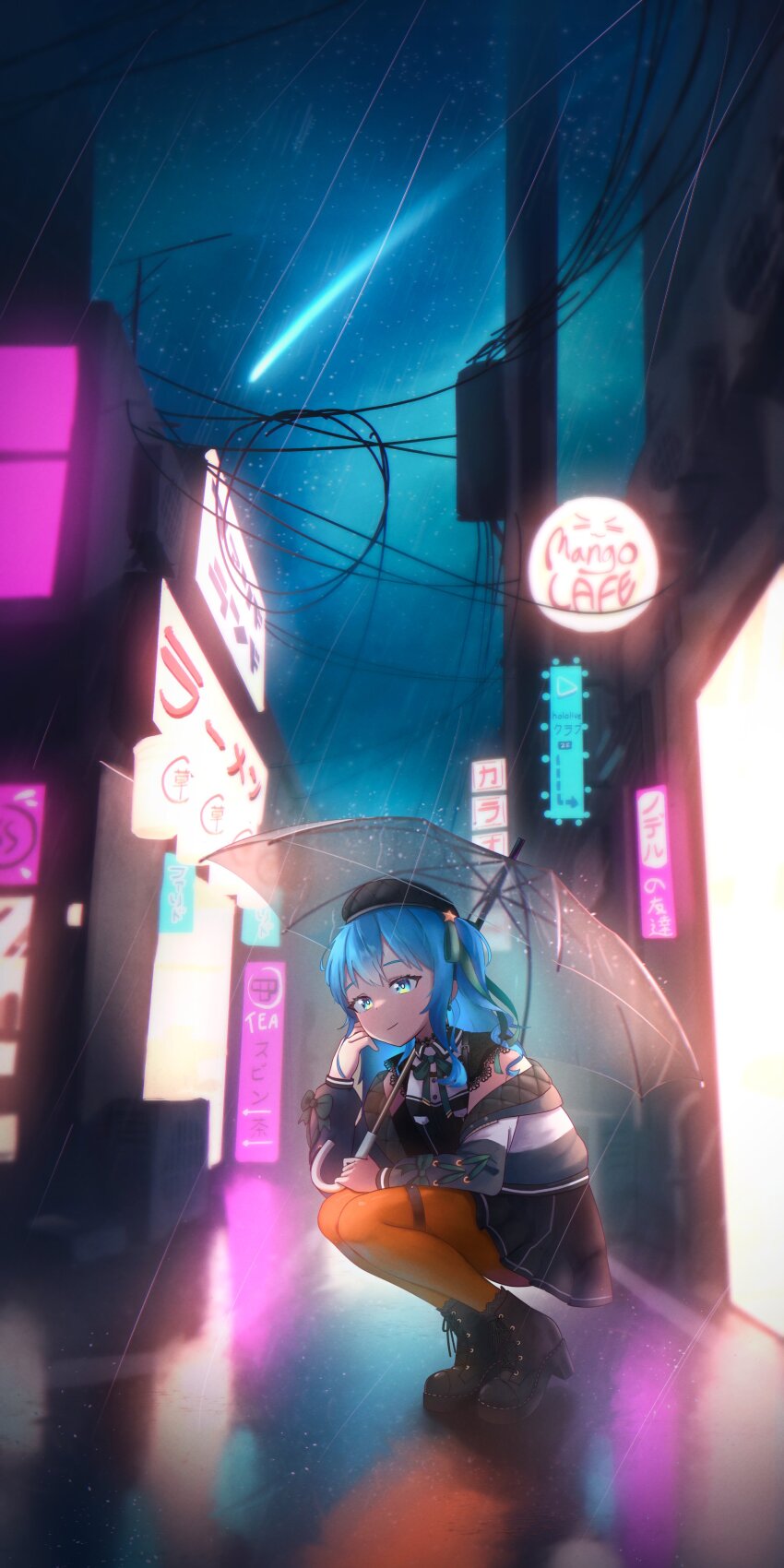 absurdres alley blue_eyes blue_hair boots comet high_heel_boots high_heels highres holding holding_umbrella hoshimachi_suisei jacket mango_konata open_clothes open_jacket orange_socks pleated_skirt rain skirt socks squatting transparent transparent_umbrella umbrella