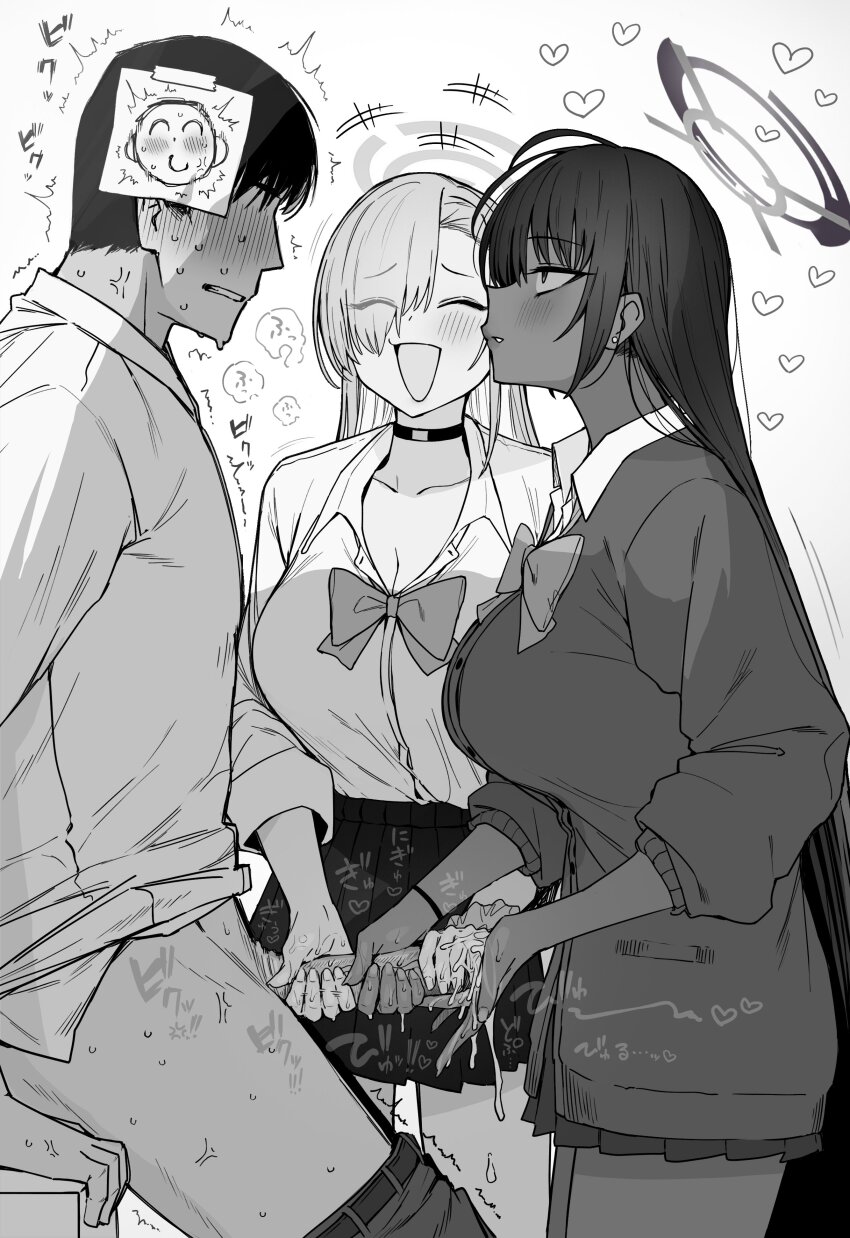 1boy 2girls absurdres asuna_(blue_archive) black_hair blue_archive breasts cardigan clothes_pull cooperative_handjob cum cum_on_body cum_on_hands dark-skinned_female dark_skin doodle_sensei_(blue_archive) erection ffm_threesome from_side group_sex hair_over_one_eye halo handjob heart hetero highres karin_(blue_archive) large_breasts monochrome multiple_girls official_alternate_costume pants pants_pull paper_on_head penis putama school_uniform sensei_(blue_archive) smile teamwork_(sexual) threesome trembling