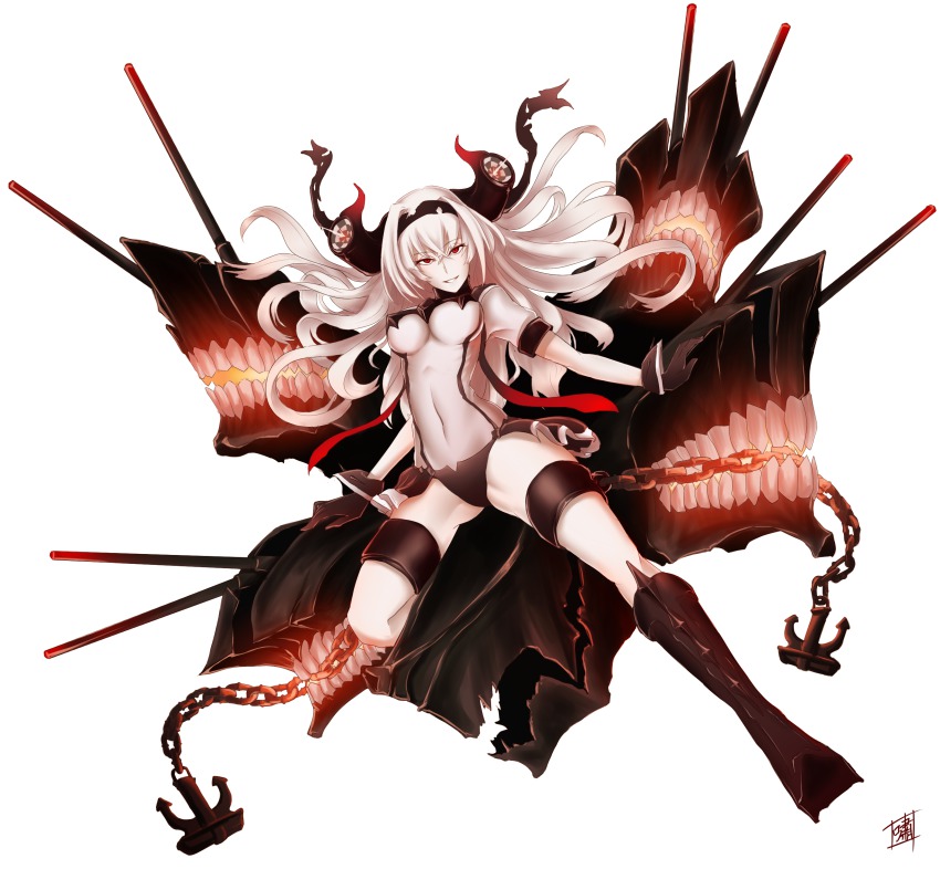 10s 1girl absurdres abyssal_ship air_defense_princess black_footwear black_gloves boots breasts female_focus gloves hairband highres kantai_collection knee_boots long_hair red_eyes shao_(newton) simple_background smile solo white_hair