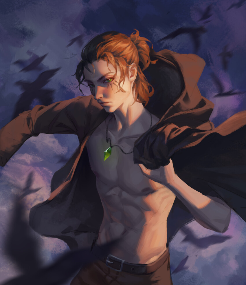 1boy abs absurdres bare_pectorals belt bird brown_belt brown_coat brown_hair coat commentary_request crystal eren_yeager facial_mark green_eyes highres hood hooded_coat jewelry liu2e3ing male_focus motion_blur necklace pectorals pendant ponytail realistic scar shingeki_no_kyojin short_ponytail solo titan_shifter_scars toned toned_male upper_body