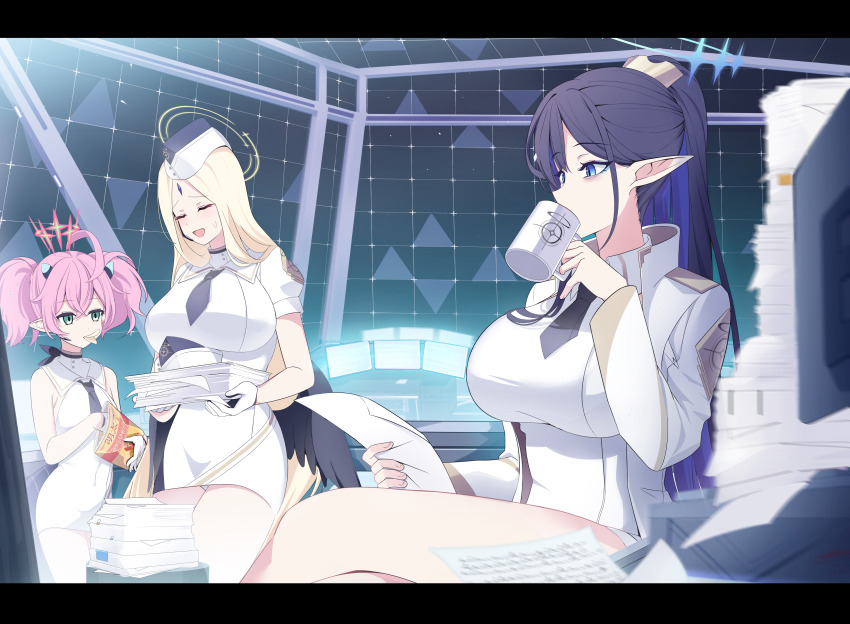 3girls absurdres ahoge ayumu_(blue_archive) bags_under_eyes bare_legs black_border black_hair black_necktie black_wings blonde_hair blue_archive blue_eyeshadow blue_hair border breasts closed_eyes coat cup dress drinking eyeshadow feathered_wings forehead_jewel garrison_cap giga-tera gloves halo hat headset highres holding holding_cup holding_paper huge_breasts letterboxed logo_parody long_hair makeup momoka_(blue_archive) mug multicolored_hair multiple_girls necktie paper paper_stack pink_hair pointy_ears ponytail pringle_duck rin_(blue_archive) short_necktie sitting sweatdrop twintails two-tone_hair very_long_hair white_coat white_dress white_gloves wings