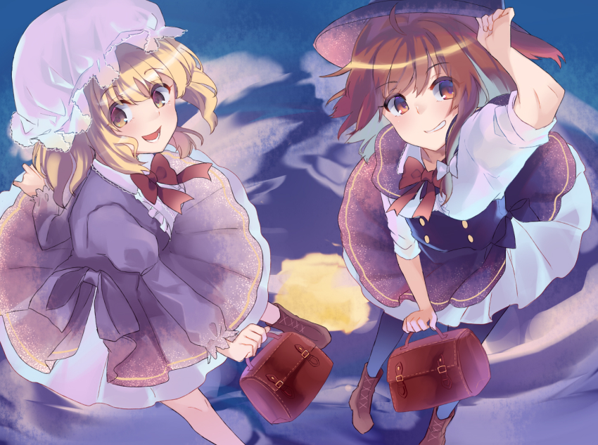 2girls adapted_costume ahoge black_legwear black_skirt blonde_hair dress fedora hat haya_taro_pochi holding holding_unworn_clothes holding_hat holding_unworn_clothes looking_at_viewer maribel_hearn mob_cap moon moon_reflection multiple_girls purple_dress reflection reflective_floor shirt skirt touhou usami_renko white_shirt