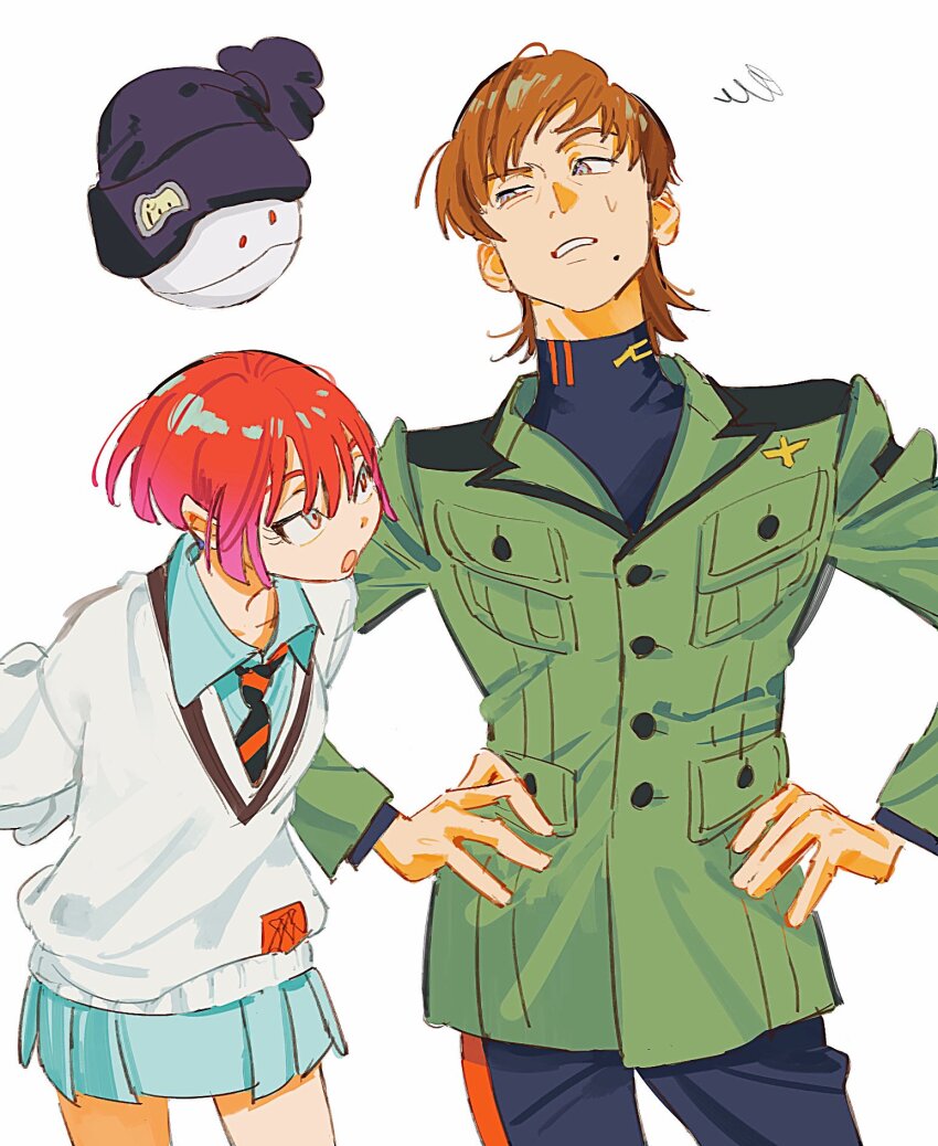 1boy 1girl amate_yuzuriha aqua_eyes beanie collared_shirt cowboy_shot green_eyes green_jacket gundam gundam_gquuuuuux hands_on_own_hips haro hat highres jacket long_sleeves looking_at_another mole mole_under_mouth necktie open_mouth red_hair school_uniform shirt short_hair simple_background skirt sweatdrop sweater tkrkve43 turtleneck white_background xavier_olivette