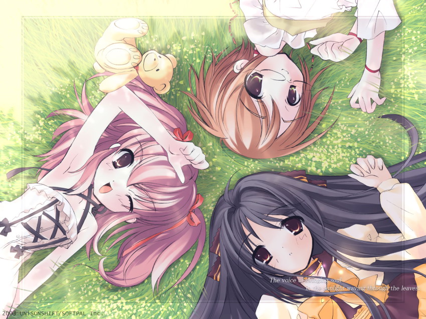 3girls circle_formation glasses grass highres ito_noizi komorebi_ni_yureru_tamashii_no_koe kouenji_ayana multiple_girls outdoors ribbon sui_(komorebi) tachibana_koharu